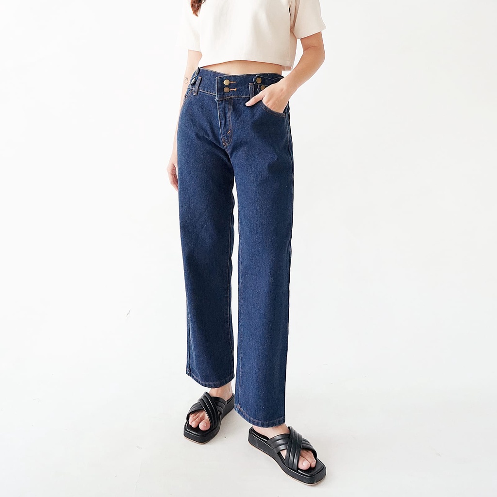 HOPYLOVY Celana Panjang Boyfriend Wanita Boyfriend Jeans Double Button Danilove