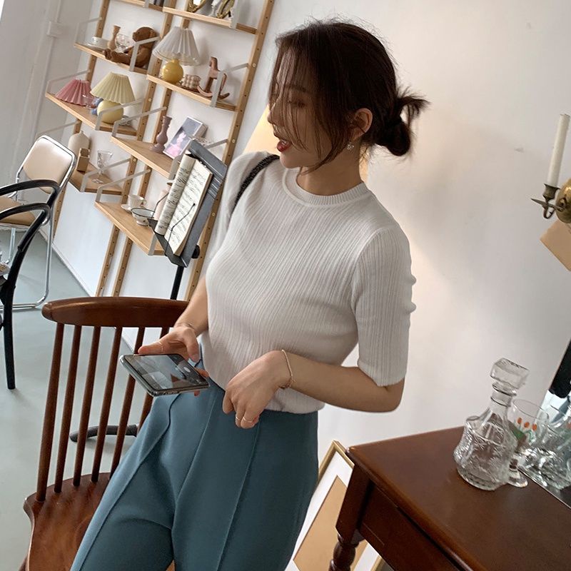 Baju Wanita Lengan Pendek Bahan Rajut Korean Style Press Boddy