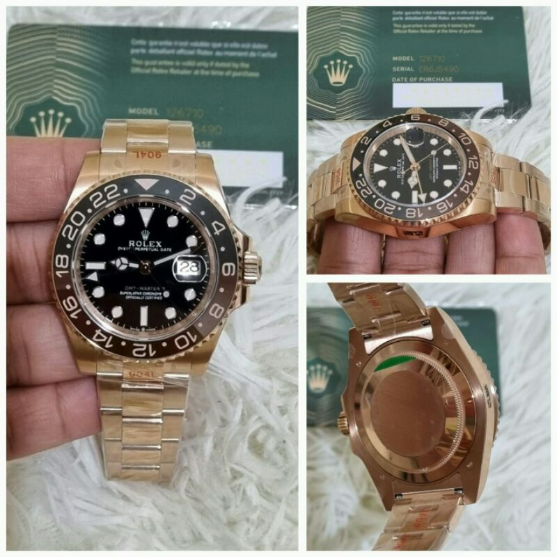 jam tangan pria rolex gmt rootbeer mesin swiss full rosegold