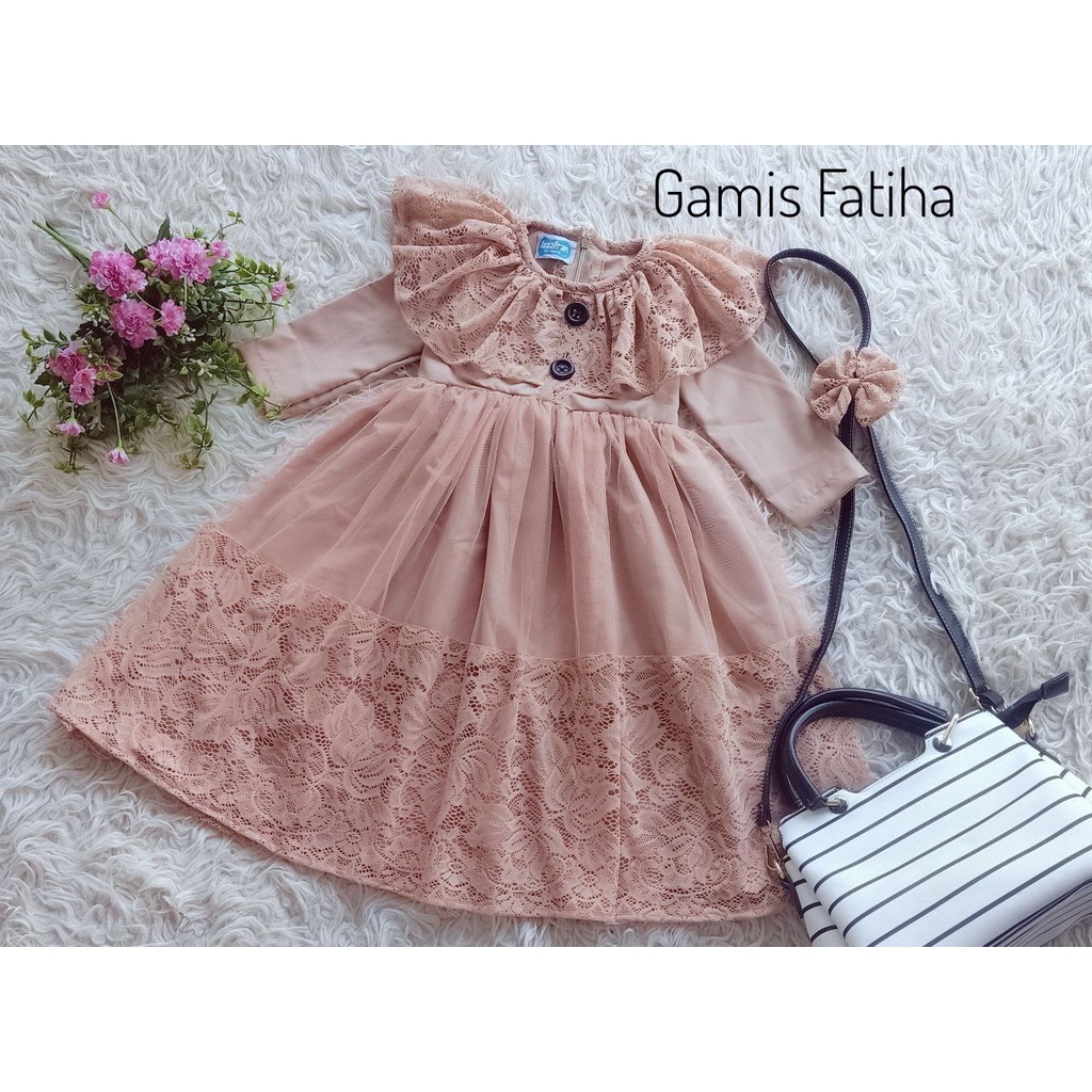 Gamis Muslim Baju Anak Perempuan Brukat Brokat FATIHA Coklat Susu