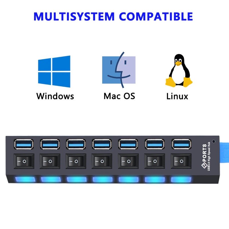 USB Hub 7 Port USB 3.0 High Speed Extender - YRR445 - Black