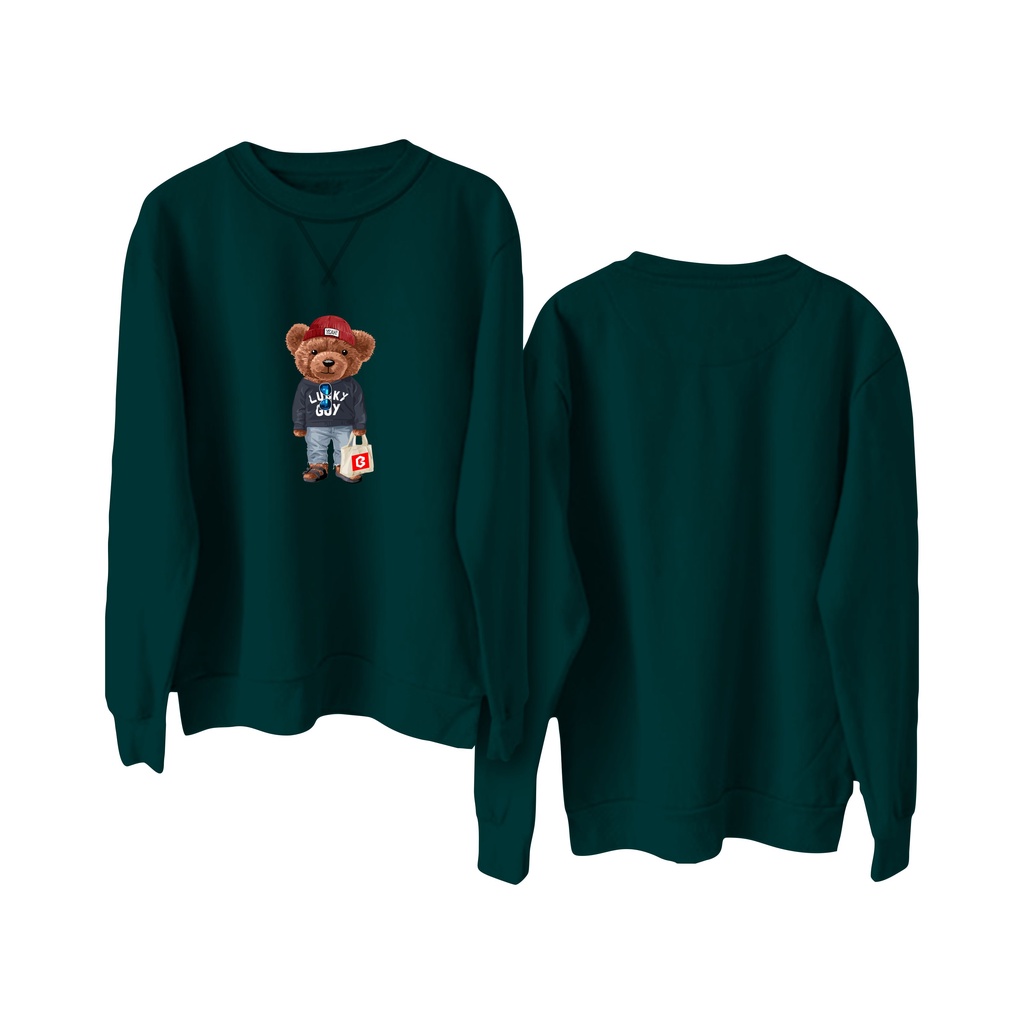 Sweater Crewneck BRIGO Sablon DTF Fleece Cotton || BRIGO Basic Sweatshirt Lucky Guy beruang M-XXL (Pria &amp; Wanita) Free stiker&amp;Gantungan Kunci