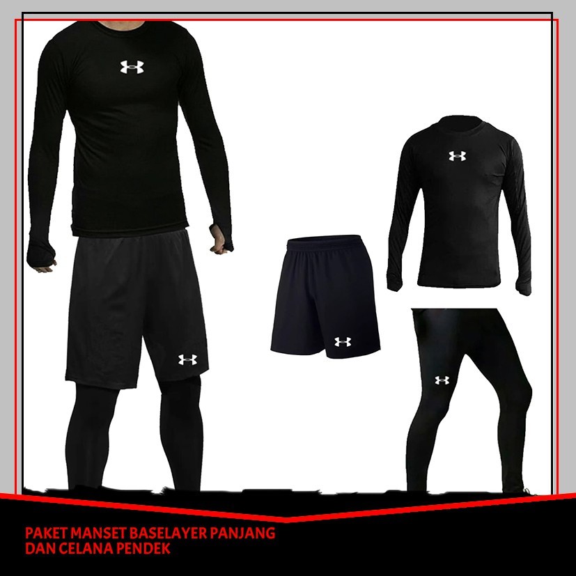 PAKET LENGKAP MANSET BASELAYER BAJU &amp; LEGING PANJANG + CELANA PENDEK OLAH RAGA