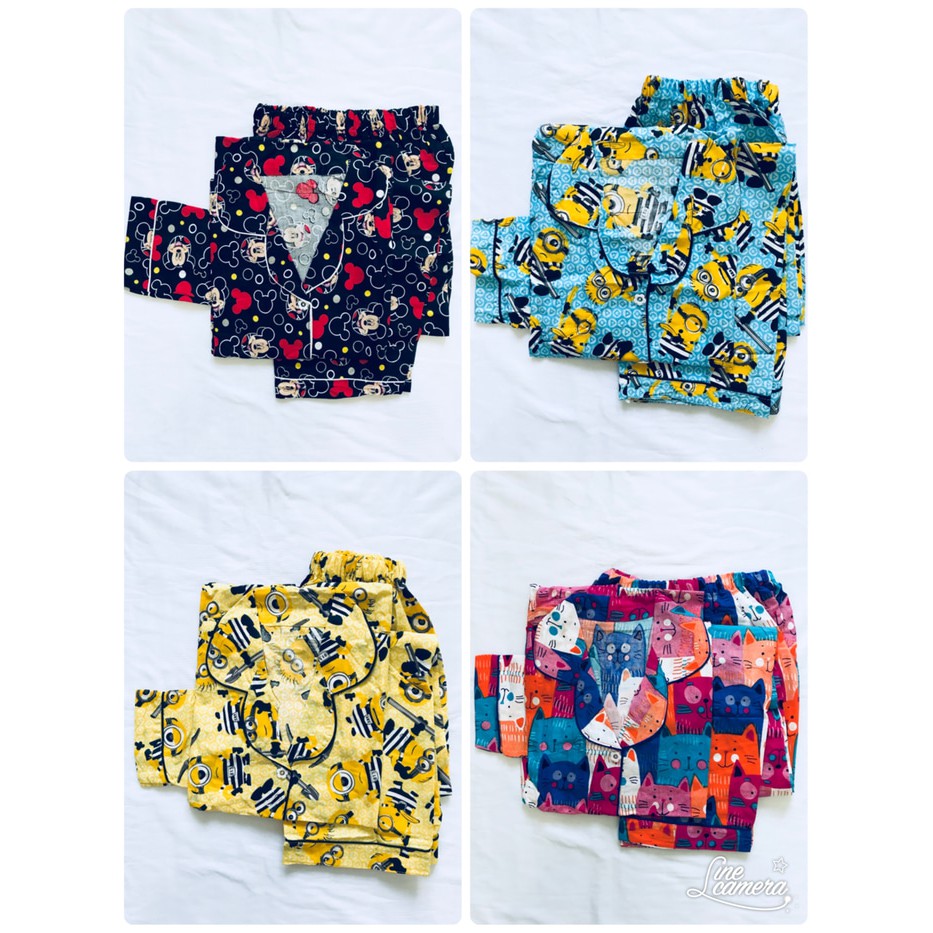 Promo Baju tidur piyama dewasa mickey/cat/minion cln panjang lengan pjg 255 Bagus