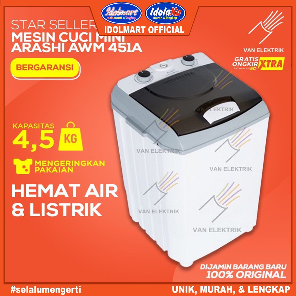 IDOLAKU Mesin Cuci Mini / Portable Arashi AWM 451A (Garansi Mesin 1 Tahun) ORIGINAL