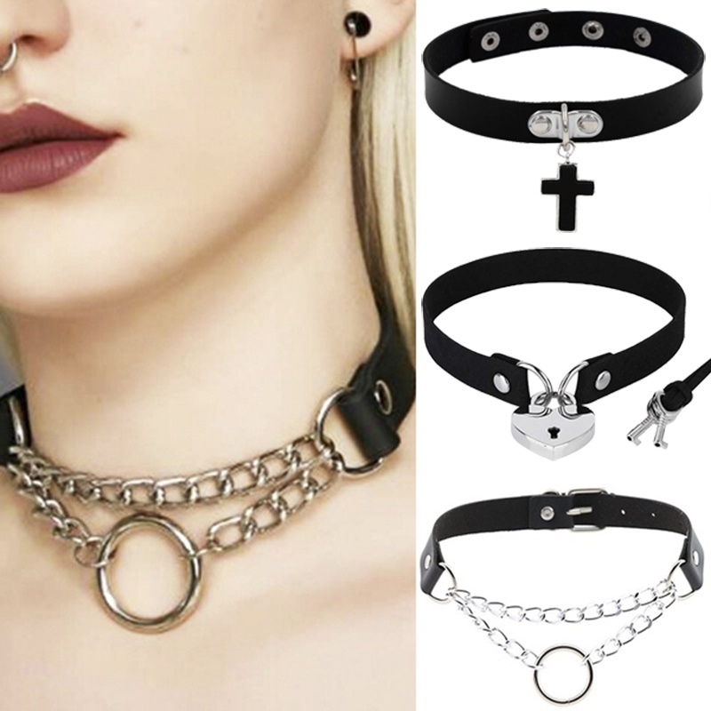 Kalung Choker Bahan Kulit Warna Hitam Gaya Gothic Rock Kpop Punk Untuk Wanita