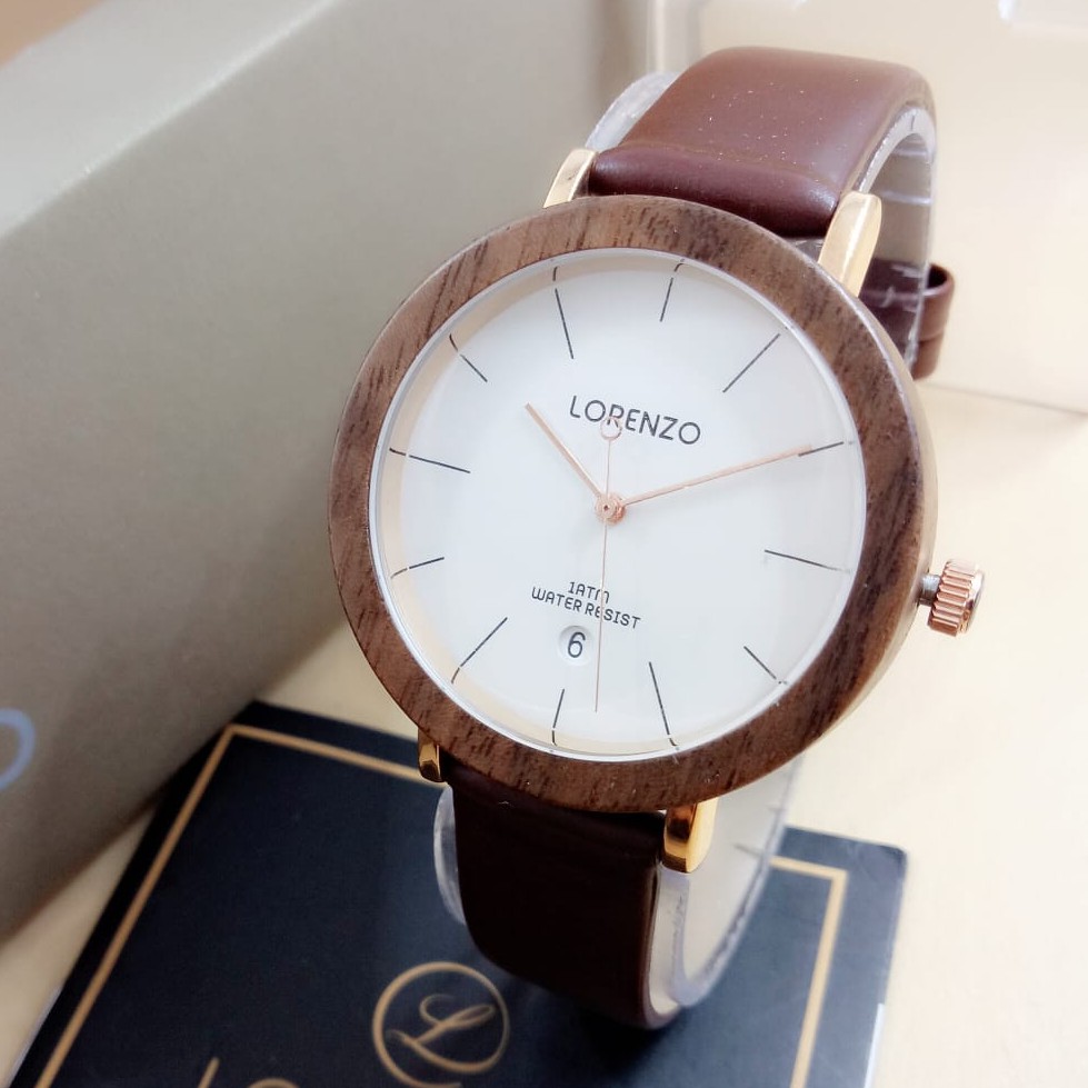 Lorenzo 1049 - Jam Tangan Wanita Anti Air - Tali Kulit - Analog Quartz - Design Kayu - Original