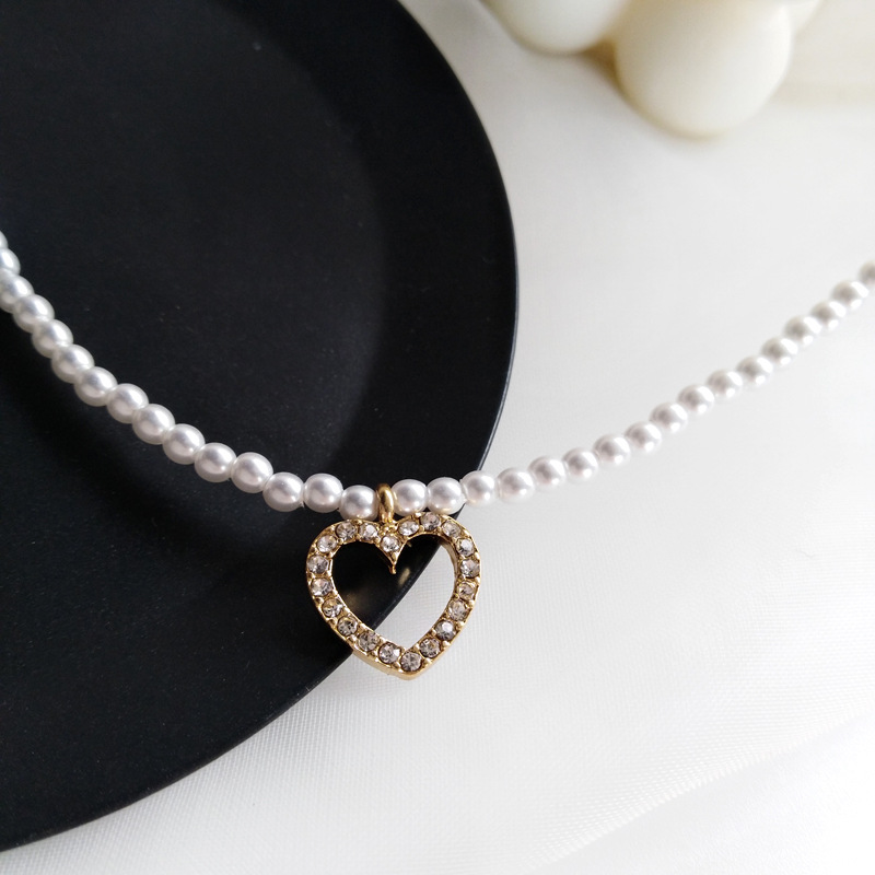 Exquisite Love Diamond Pearl Necklace Clavicle Chain Choker Vintage Jewelry Gift