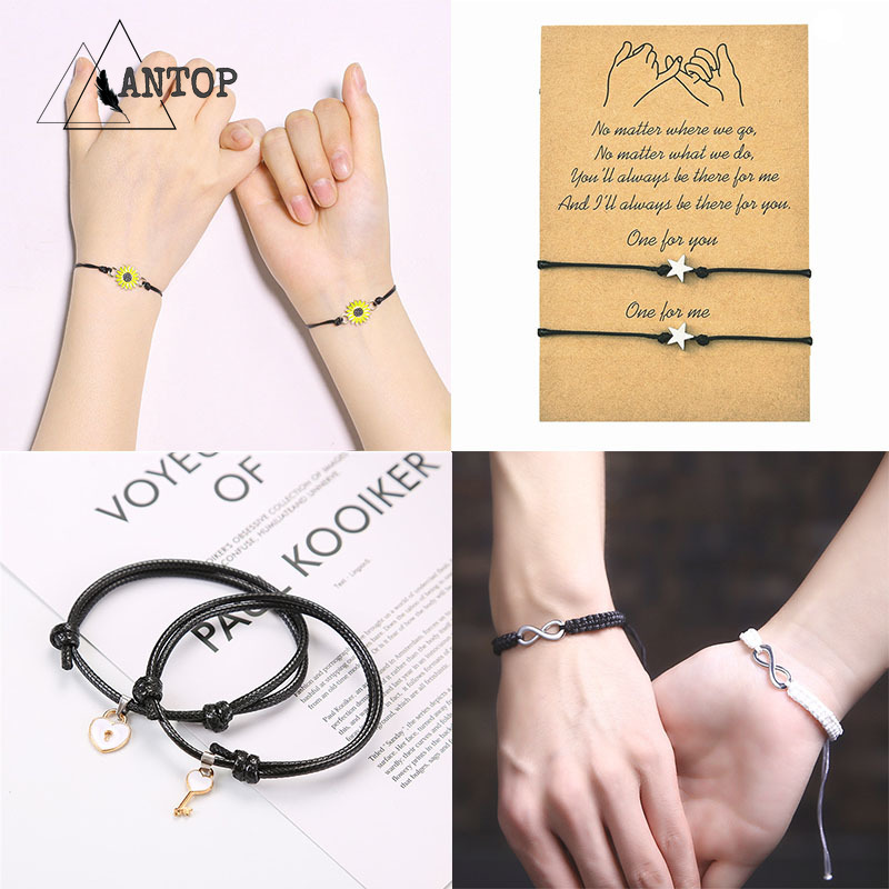 2 Pcs Gelang Magnet Couple Gelang Tali Etnik Persahabatan Anyaman Krisan Bunga Matahari Fashion Wanita Korea Pria Couple Bracelet Daisy Hitam ANTOP