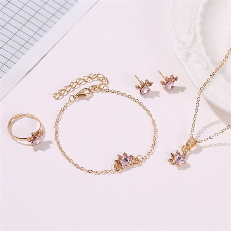 Set Perhiasan Kalung+Gelang Tangan+AntingTusuk+Cincin Telapak Kaki Kucing/Beruang Warna Rose Gold