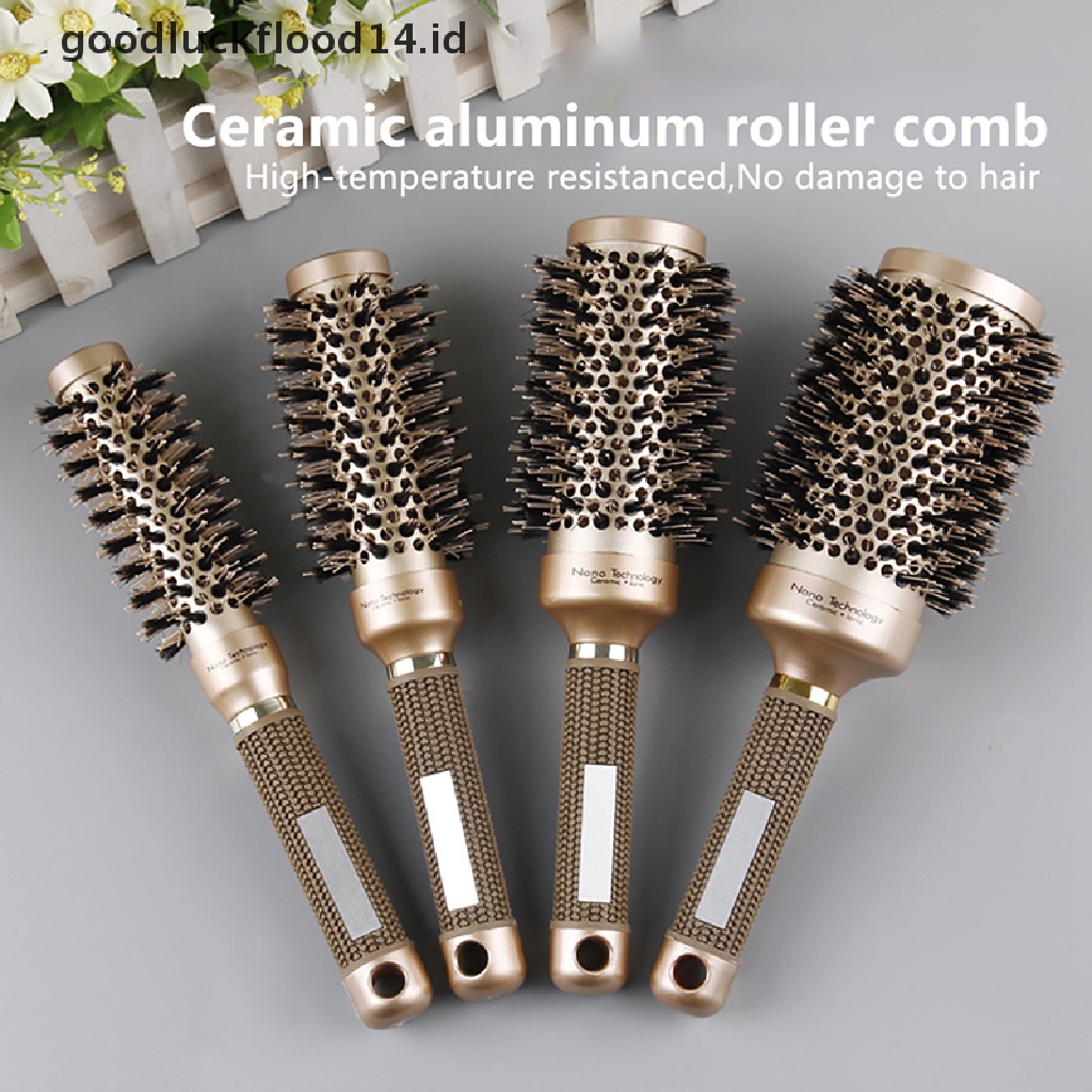 [OOID] Professional Thermal Ceramic Ionic Round Barrel Anti Slip Handle Gold Hair Brush ID