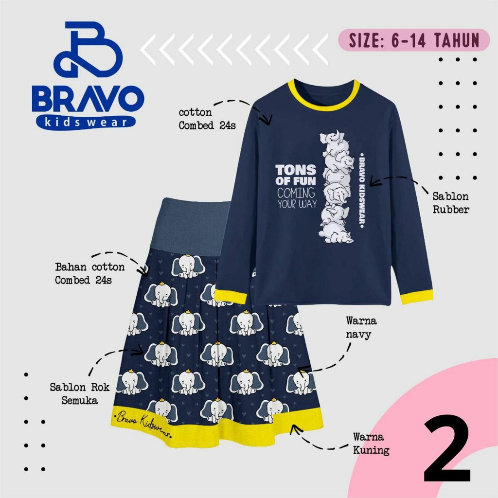 Bravo Kids Set Kaos Rok/Baju Anak Setelan Lucu