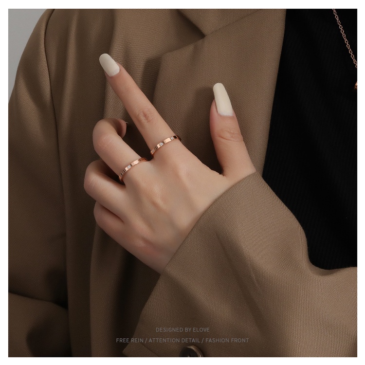 Cincin Bahan Titanium Steel Warna Silver Dan Rose gold Gaya Korea Untuk Wanita