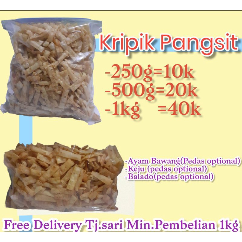 

Kripik Pangsit 1kg.500gr dan 250gr Rasa Ayam Bawang sedikit taburan pedas