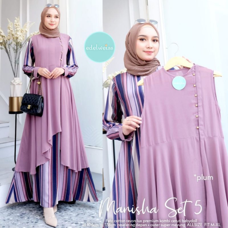 SETELAN GAMIS KATUN RAYON MOTIF GARIS + OUTER CERUTI POLOS MANISHA SET 5 BY EDELWEISS