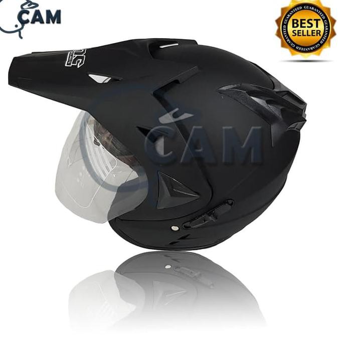 READY HELM MOTOR MURAH, HELM MOTOR SNI 2 KACA KNC SEMI TRAIL CROSS POLOS BLACK DOFF BUKAN JPX STOK