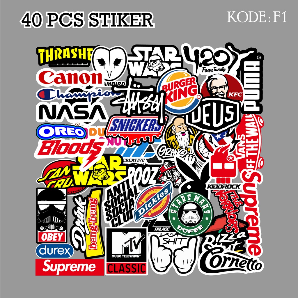 40 PCS STICKER SEMUA LOGO BRAND AESTHETIC UNTUK LAPTOP CASE TUMBLER HP HELM MOTOR - F