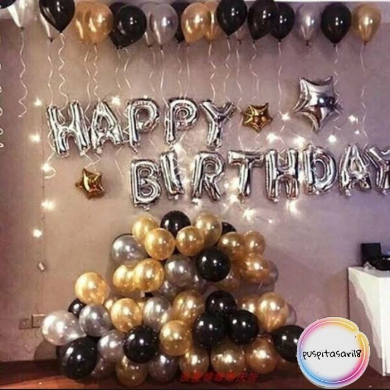 paket balon dekorasi pesta ulang tahun dewasa gold black silver