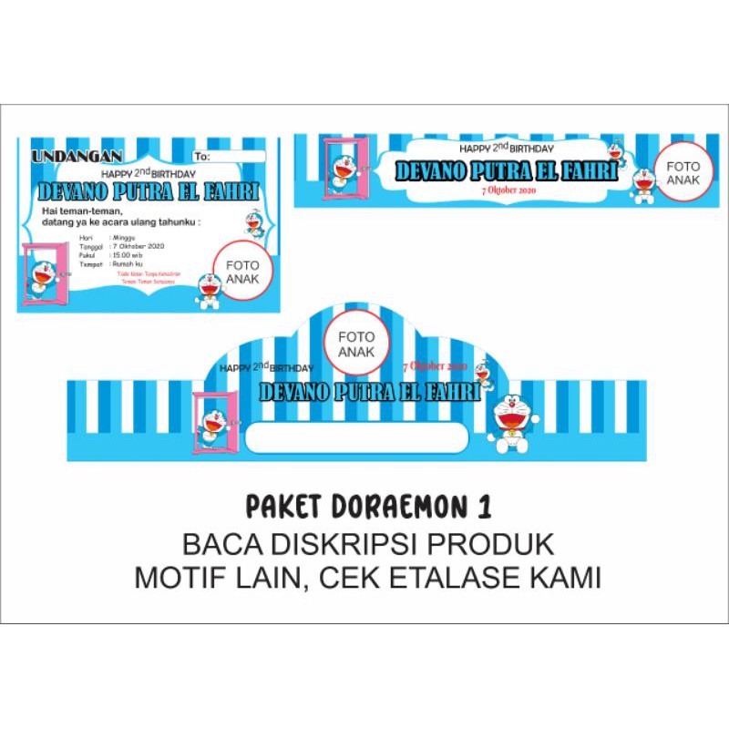 PAKET 20 SET  undangan topi dan tas plastik snack ultah. TEMA DORAEMON / FROZEN / BOBOIBOY / LOL