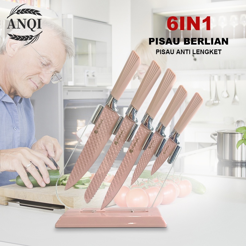 ANQI 1888 Paling Tajam Cookware Diamond Knives Set + Tempat Pisau / 6 Pcs Pisau Set VS-1845