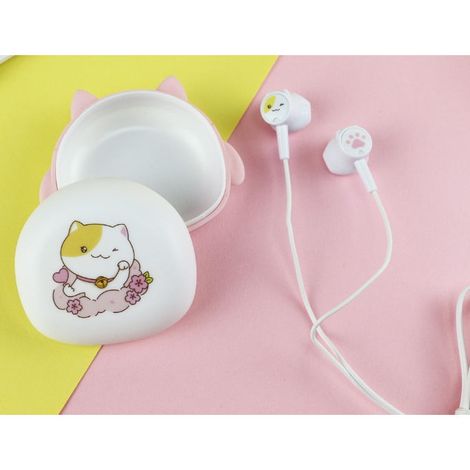 [KIKI-353] Set Headset Earphone SAKURA CAT / Wadah Earphone Kartun KUCING dengan Bunga SAKURA