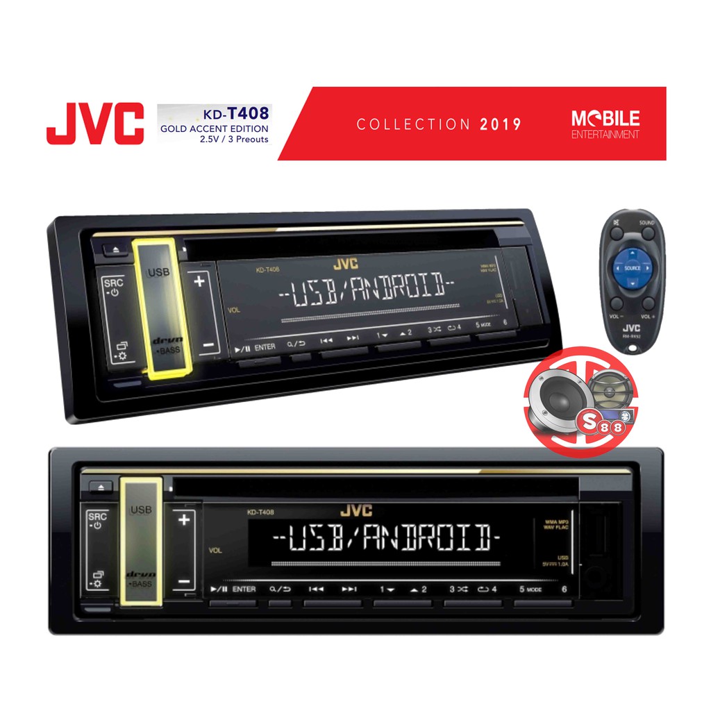 JVC KD-T408 Gold Accent Edition USB FLAC MP3 WMV 3 X RCA Pre-Outs Audio