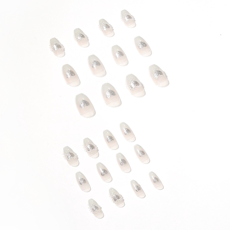 24 Pcs Kuku Palsu Panjang Desain Hati Mutiara Gradien Bahan Akrilik Gaya Perancis Untuk Nail Art