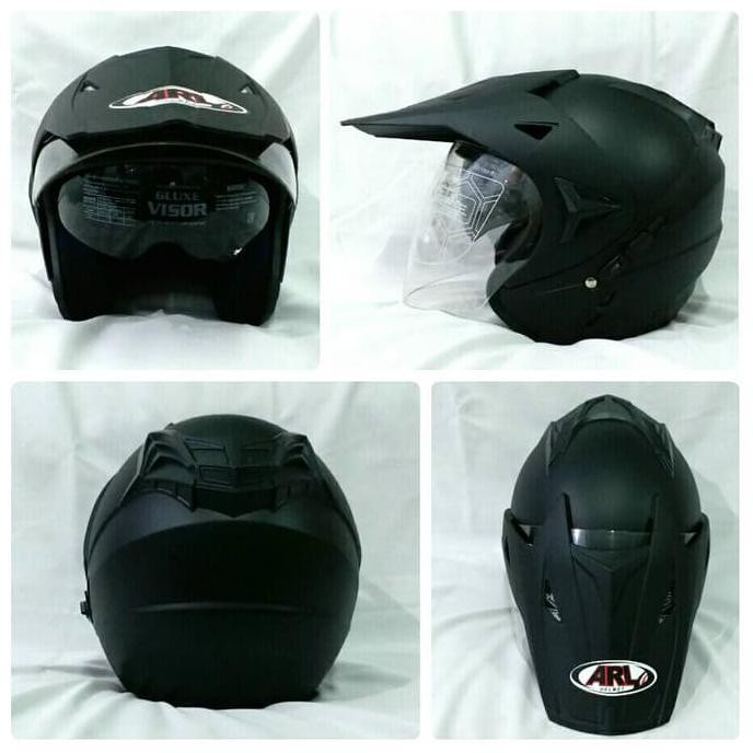 Helm Semi Cross Half Face Double Visor Hitam Doff Polos.