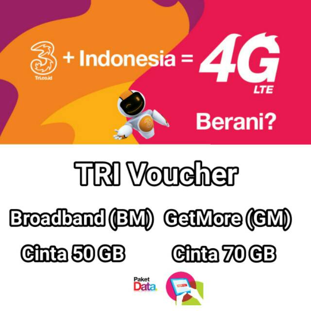 Paket Data Internet Tri Isi Ulang Voucher Bm Broadband Mini Gm Getmore Cinta 50gb 70 Gb Shopee Indonesia