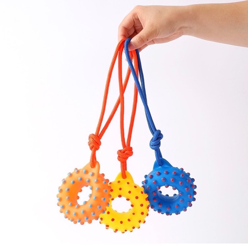 donut teething thorn ring with rope squeaky toy