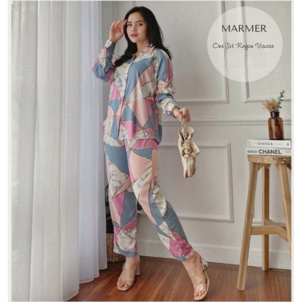 One set Rayon Premium Setelan Piyama Motif Terbaru-Marmer Set