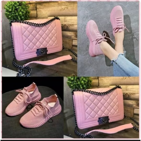 paket tas dan sepaatu sneakers wanita pink strar yellow dan black