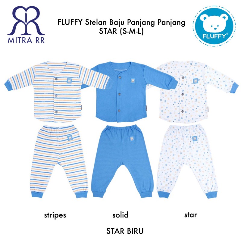 FLUFFY Stelan Baju Panjang Celana Panjang STAR S M L (3-12 bulan) Setelan Baju Tidur Anak Bayi 3 Pasang
