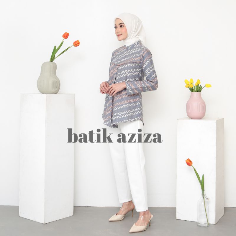 Batik Wanita Lengan panjang kancing depan kemeja wanita blus kembang goyang by Batik Aziza