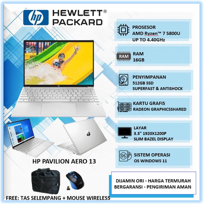 PROMO LAPTOP GAMING TIPIS HP PAVILION AERO 13 AMD RYZEN 7 5800U 16GB 512GB RADEON GRAPHICS 8 13.3" W