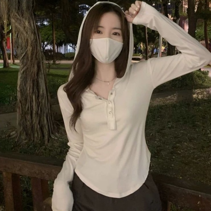 5061 Baju Atasan blouse kemeja blouse Hudi lengan panjang polos kancing depan luaran hijab auter Kat