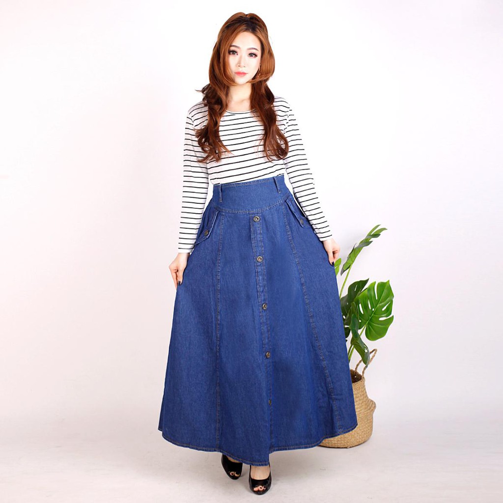 Rok jeans maxi skirt allsize pinggang karet