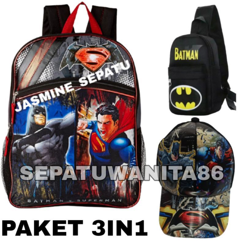 TAS RANSEL ANAK LAKI LAKI KARAKTER BATMAN SUPERMAN bonus jam tangan dan topi