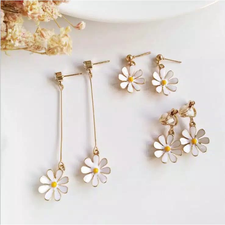 anting wanita korea simple motif bunga daisy putih kecil 3motif pendek panjang cute