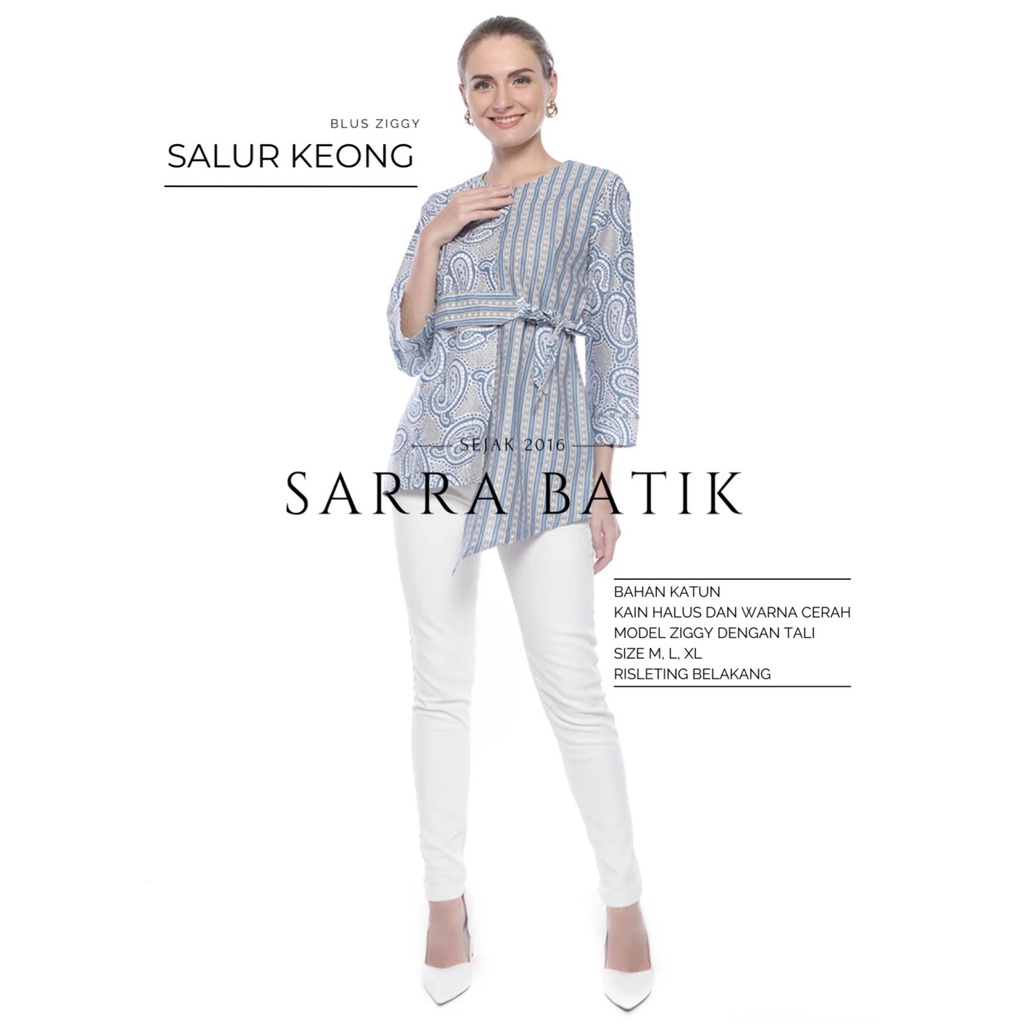 Blus Ziggy Tali Salur Keong Biru Batik Atasan Batik Muslim Tali Obi Kantor Kerja Casual Modern