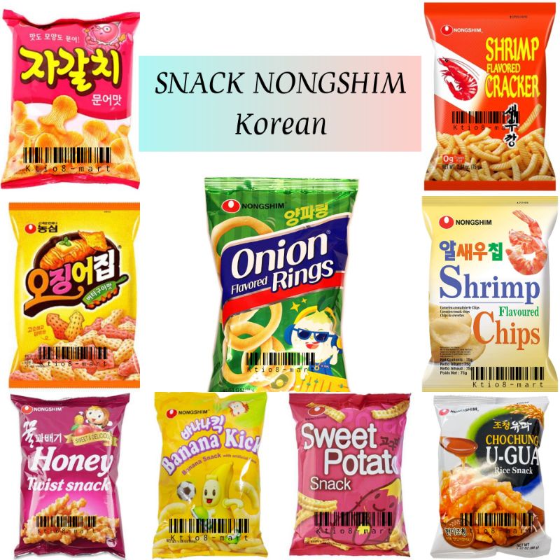 

Nongshim Snack Korea Varian Rasa Honey Twist/ Potato Orignal/ Sweet Potato/ Cho Chung U-Gua/ Tako Chips/ Banana Kick/ Shrimp Chips/ Shrimp Cracker/ Cuttlefish/ Onion Rings/ Import