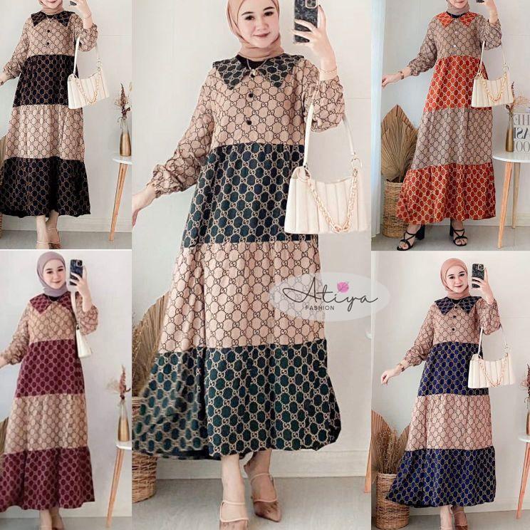 Paling Diminati.. ATIYA MIDI DRESS // DRESS MIDI // GAMIS MIDI KOMBINASI Motif GUCCI