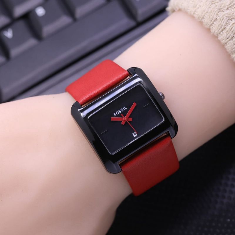 Cod Jam Tangan Wanita Foss Segi Empat Tanggal Aktif Tali Kulit Include Box