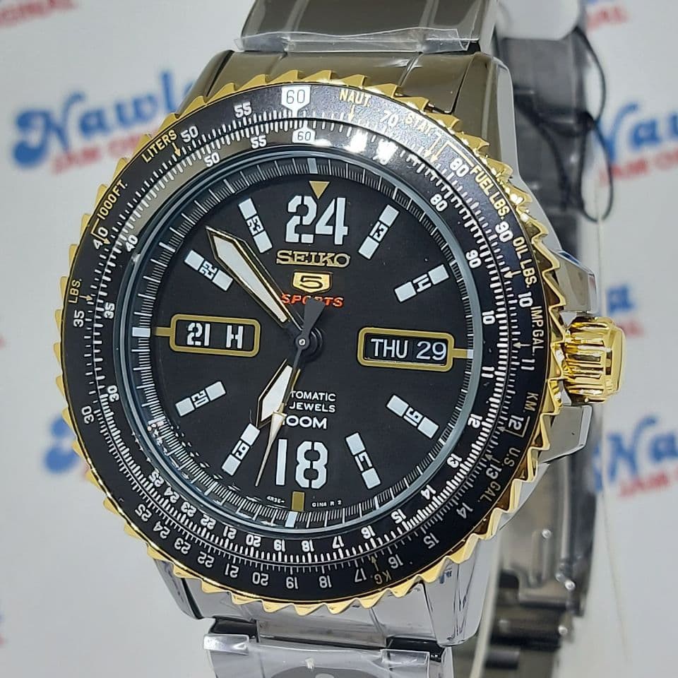 Seiko 5 Sports SRP356K1 Automatic Black-Gold Bezel } Jam Pria SRP356