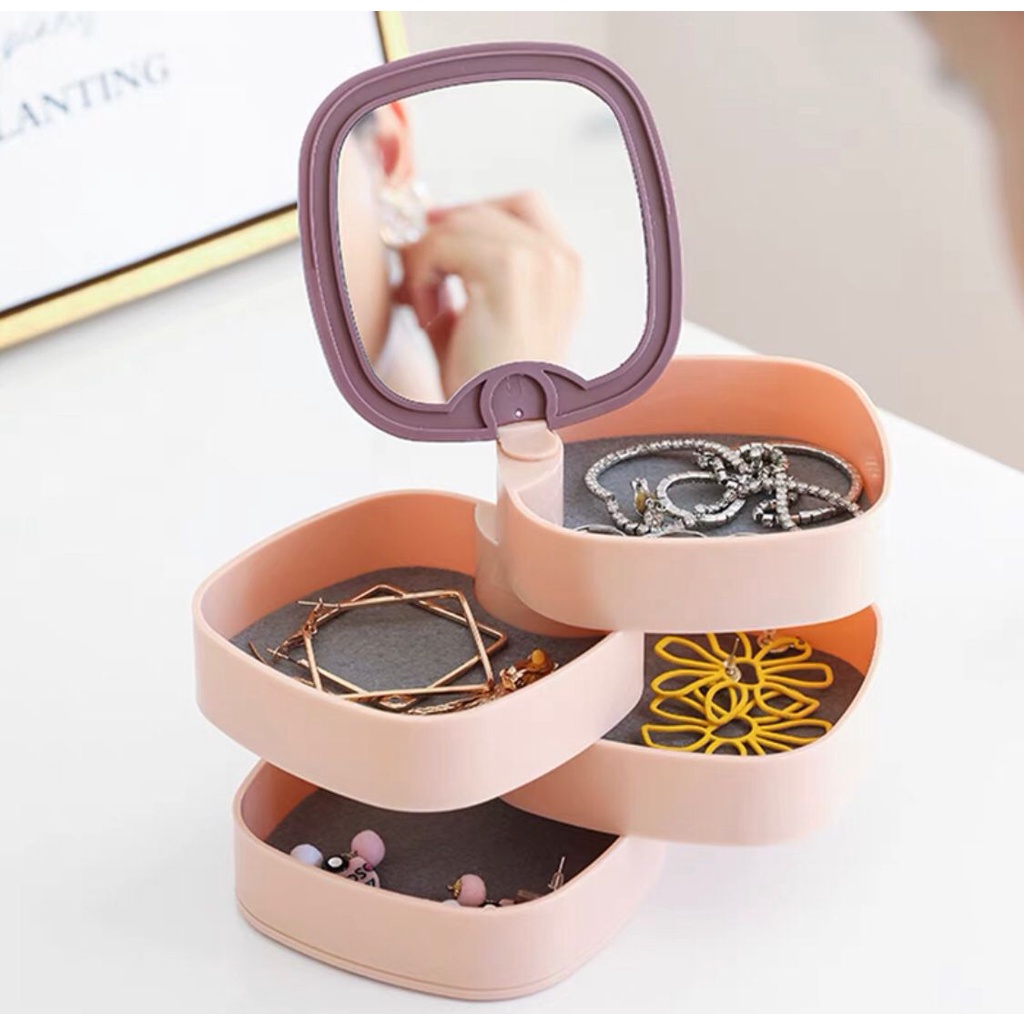 RAK penyimpanan ASESORIS serbaguna / tempat acessories beserta cermin multifungsi / tempat perhiasan anting kalung liontin /  box jewellery with mirror / storage box 4 tingkat putar elegant