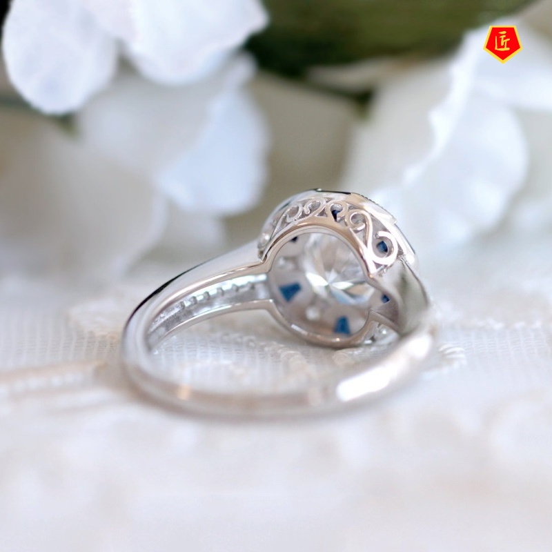 [Ready Stock]Inlaid Blue Topaz Ladder Diamond Ring Fashionable and Elegant