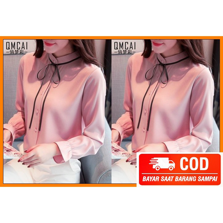 Kemeja Wanita Casual Korea Lengan Panjang Hem Cewek Korean Style  MW518 Kemeja Lala Salem Lengan Ruf