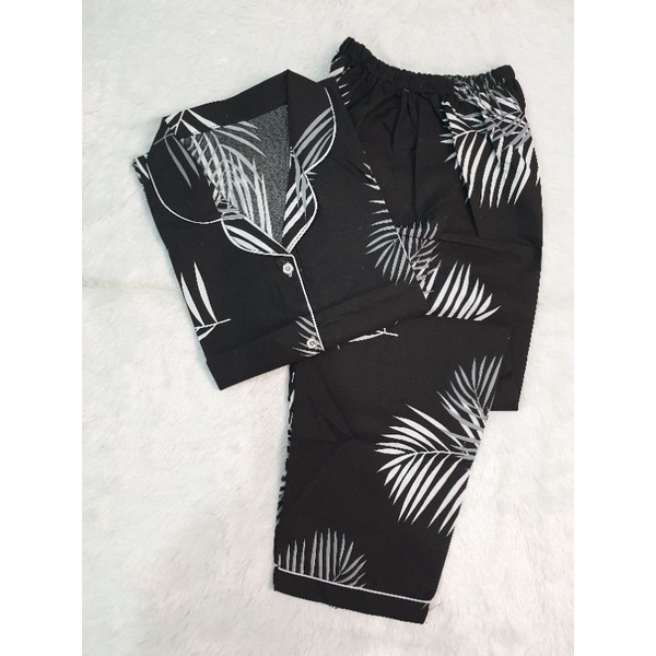 Baju Tidur Wanita/Piyama Wanita Dewasa Katun Motif Daun Part 3-CP BIG COCO BLACK
