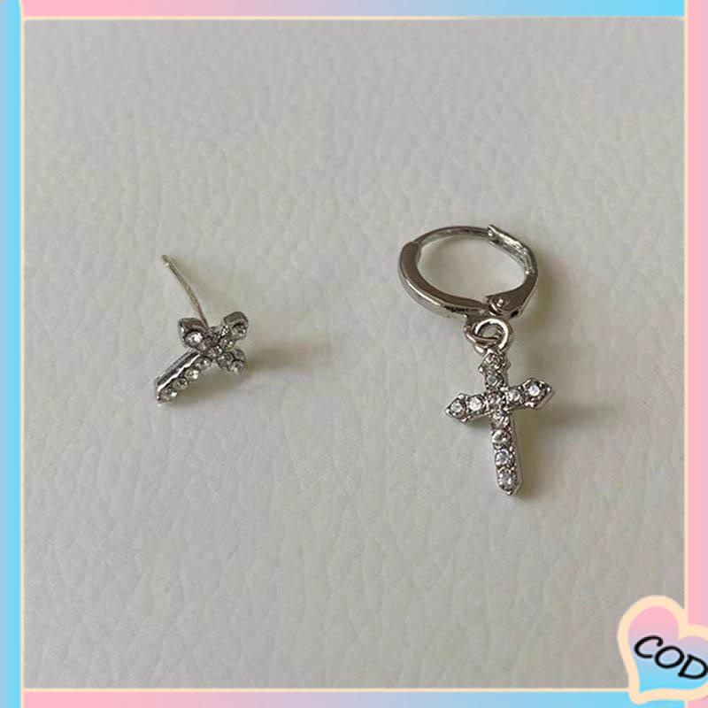 COD❤️ Anting Stud Asimetris Desain Salib Aksen Berlian Kilau-A.one