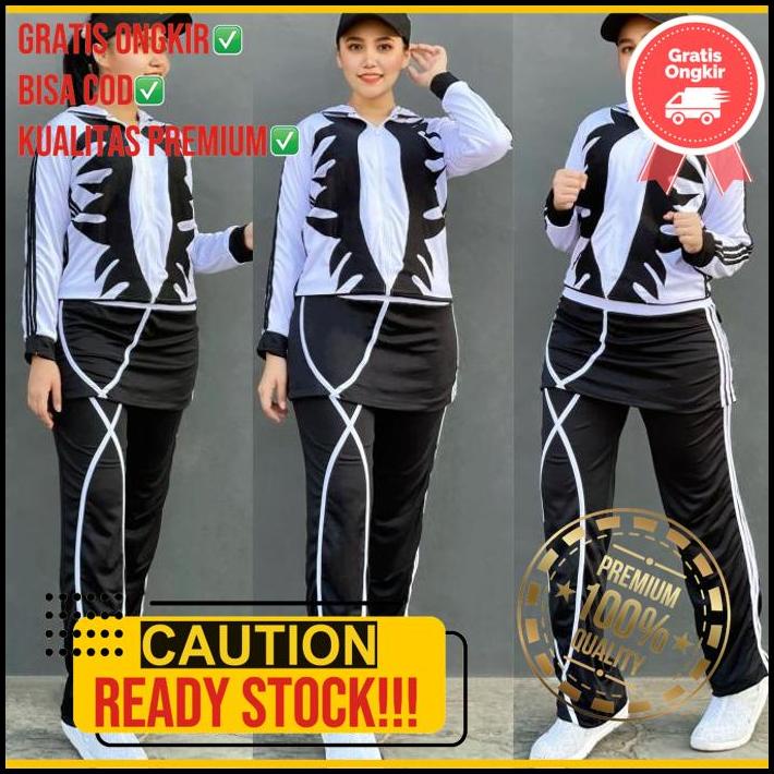 Baju Senam Aerobik Setelan Olahraga Panjang Hijab Rok Api Putih Hitam
